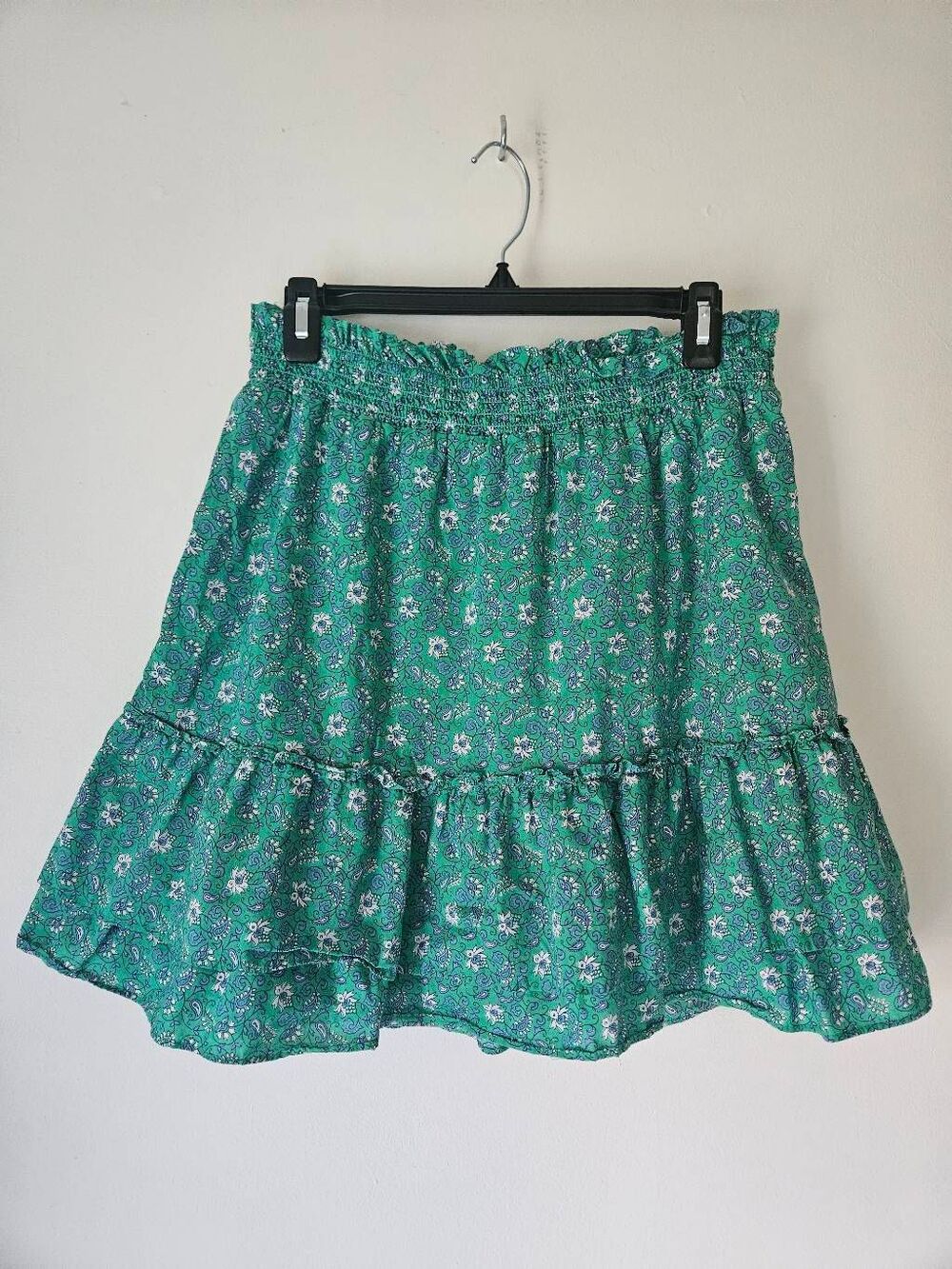 J.Crew Green Blue Paisley Floral Tiered Mini Skirt Medium Smocked Boho Cotton